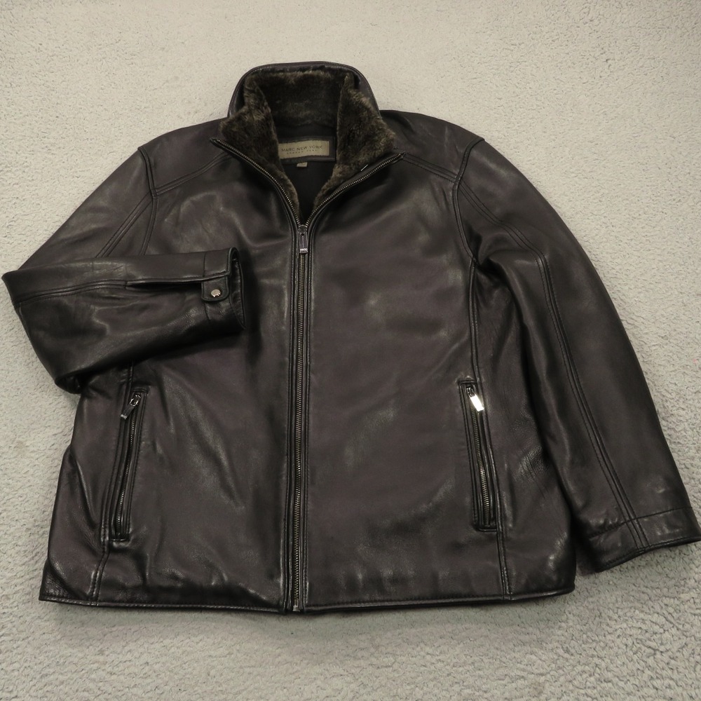 Marc New York Andrew Marc Mens Black Leather Jacket Removable Fur Liner Large
